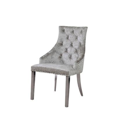 China Modern Dining Room Silver Comfortable Luxury Fabric Cushion Velvet Upholstered Dining Chairs With Stainless Steel Legs for sale