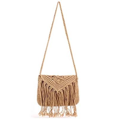 China Women Cotton Crochet Fringe Insulated Cross - Bohemian Purse Straw Bag Handwoven Body Shoulder Bag Summer Beach for sale