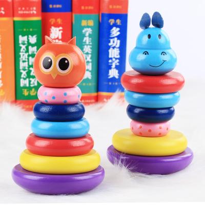 China YIWU ALLSHINE Eco-friendly Material Rainbow Stacking Ring Tower Rabbit Fox Building Blocks Toys Early Learning Education Baby Wooden Toys for sale