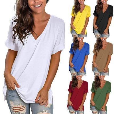 China Anti-Wrinkle Women's V-Neck T-shirt Short Sleeve Roll Up Slit Tee Loose Soft Side Tops for sale