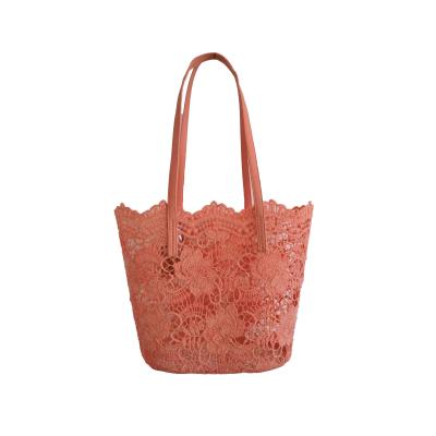 China Japan style 2021 new fashion ladies lace up fabric beach bag with PU handle for sale