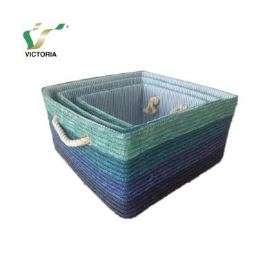 China Sustainable green and blue color wheatstraw basket sets with rope handle for sale