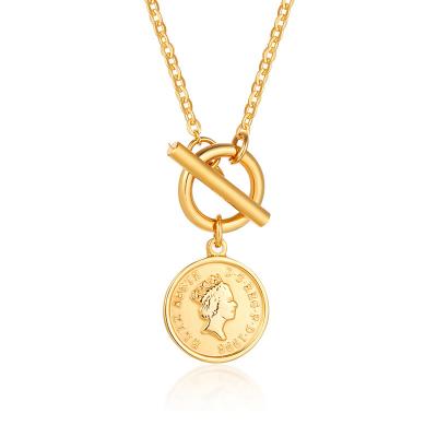 China Wholesale Environmentally Friendly Stainless Steel Button Necklace Elizabeth OT Gold Coin The Type Pendant Necklace for sale