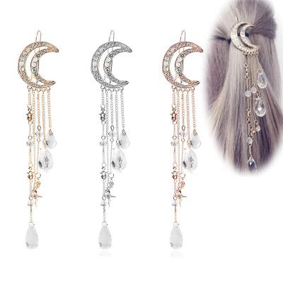 China Barbershop Girls & Women Accessories Fashion Crystal Rhinestone Beads Dangle Tassel Hair Barrette Moon Hairpin Hair Clip Women Bridal Jewelry for sale