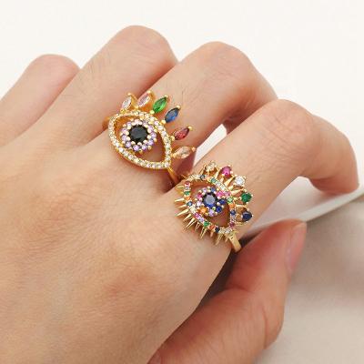 China Wholesale Environmentally Friendly Fashion Jewelry Rainbow CZ Micro Pave Gold Plating Eyes Finger Ring Custom Women Adjustable Turkish Ring for sale