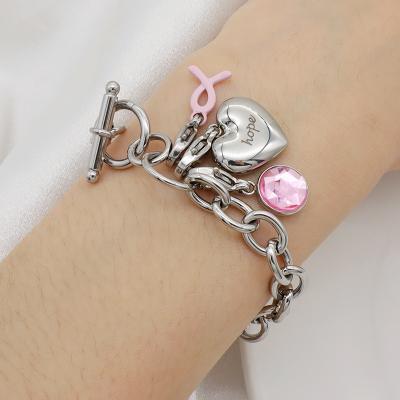 China Environmental Friendly High Quality Women Jewelry Stainless Steel Heart Pink Charms Bangle Bracelet for sale