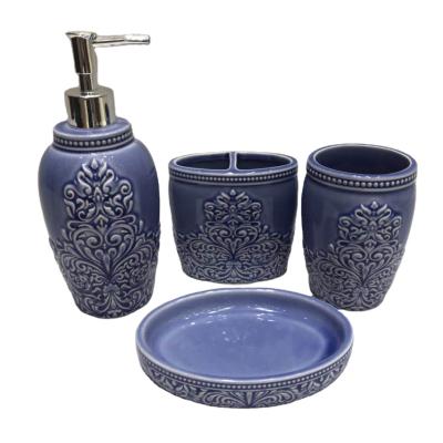 China Sustainable Blue Transmutation Glaze Embossed Ceramic Style Bathroom Sets for sale