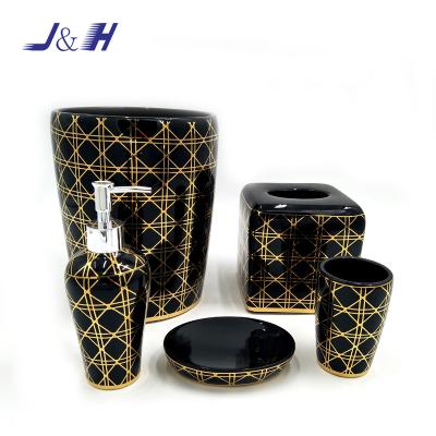 China Sustainable Luxury Decal Finished Ceramic Bathroom Accessories Set With Gold Line for sale