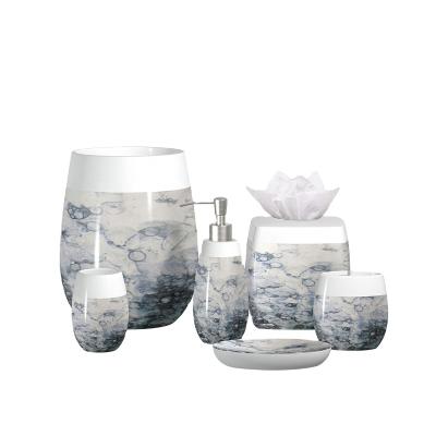 China Viable Fashionable Marble Effect Round Resin 6PC Bathroom Accessory Sets for sale