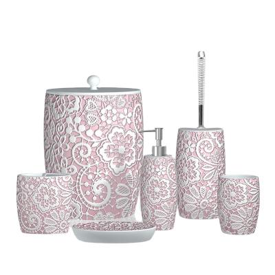 China Sustainable Purely Hand Painted Polyresin Bath Set Intricate Patterned Resin Bathroom Set With Hollow Construction for sale