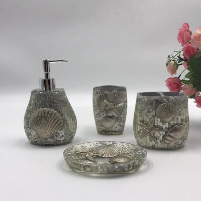 China Sustainable China Silver Aluminum Seashell Decor Clear Polyresin Bathroom Accessories Set Resin Bathroom Set for sale