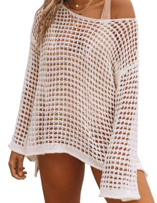 China Antibacterial Wholesale Custom Logo Cross-shoulder Mesh Open-knit Beach Summer Dress Bikini Cover Up for sale