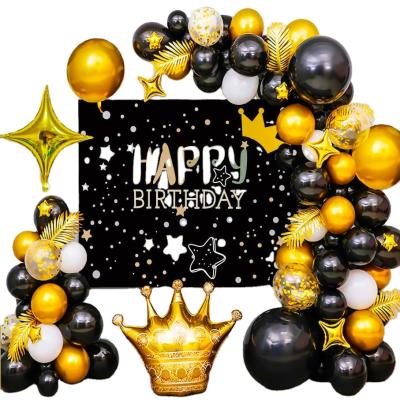 China High-end Auto-shut Black Gold Crown Happy Birthday Balloon Decoration Set With Poster for sale