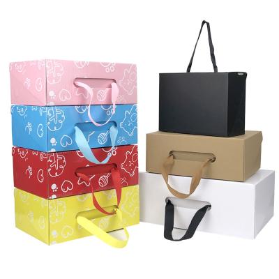 China Recyclable Custom Foldable Corrugated Cardboard Foldable Handbag Clothing Underwear Packaging Shoe Boxes With Ribbon Handle for sale