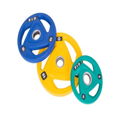 China PU Grip 3 Color Rubber Coated Weight Plate With Pio Or Customer Logo for sale