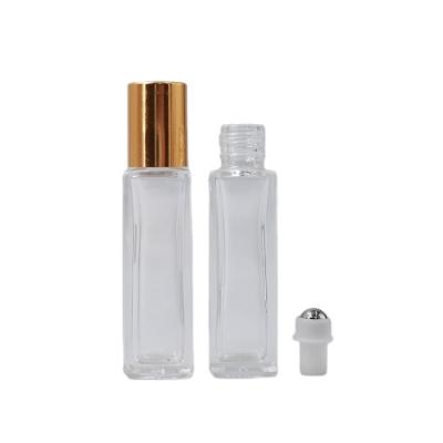 China Hot Selling 10ml Personal Care Skin Care Water Bottle Essential Oil Transparent Square Roll On Bottle With Gold And Silver Cap for sale