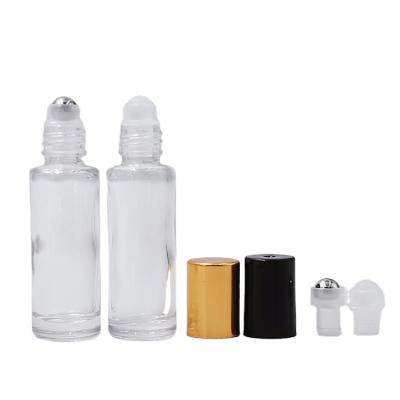 China Factory Wholesale Skin Care Personal Care Cosmetics 5ml Clear Glass Water Vial Gem Roll On Bottle With Gold And Silver Lid for sale