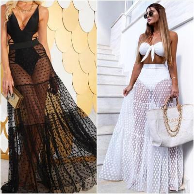 China Women Summer Anti-Static Mesh Polka Dot Skirt High Waist See Transparent Maxi White Lace Skirt Sexy Long Mesh Skirt Beach Dress for sale