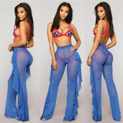 China Anti-Wrinkle Bikini Cover Up Sheer Long Pants Mesh Ruffle Bottoms Plus Size Beach Wear Swimwear Loose Sexy Women Swimsuit for sale