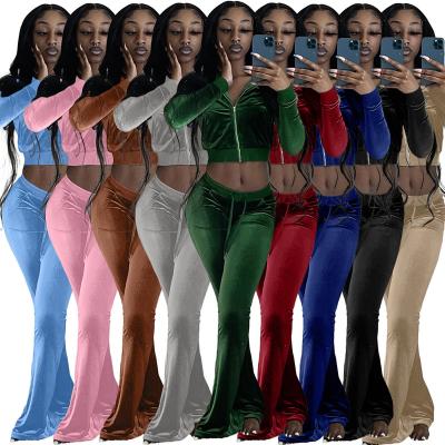 China 2021 Anti-Wrinkle Women Suit Two Piece Sets Flare Low Cut Long Sleeve Velvet Tracksuit Leggings Pants 2 Piece Set For Girls for sale