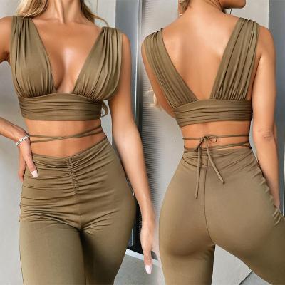 China New Sexy Anti-Wrinkle Upper Casual High Waist Flared Pants Two Piece Set for sale