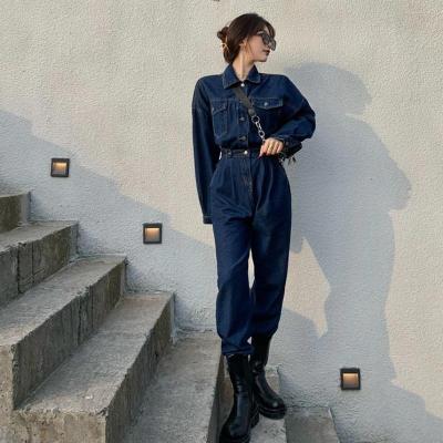 China Lady Lucky Label Playsuit Solid Color Anti-wrinkle Long Sleeve Romper Custom Made One Piece Autumn Sleeve Denim Overalls For Women for sale