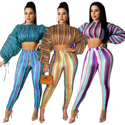 China 2021 Hot Sale Anti-wrinkle Woman Casual Stripe Printed Long Sleeve Two Piece Pants Crop Top Wear Sports Set For Women Clothing for sale