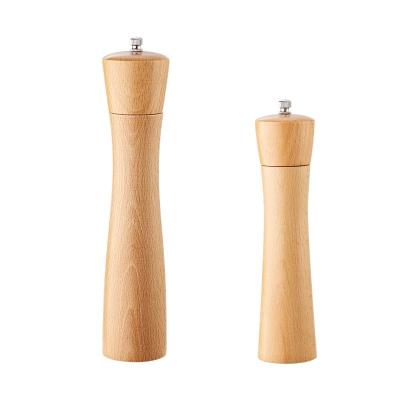 China Sustainable Hot Sale Kitchen Tools 8 Inch 10 Inch Salt And Pepper Grinder Set Beech Wood Pepper Mill For Kitchen Cooking for sale