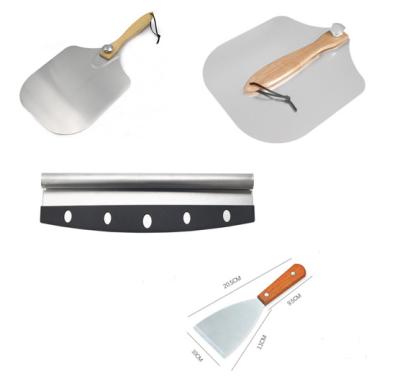 China Workable pizza tool kit 3 aluminum peel set with wooden handle stainless steel cutter pie server for sale for sale