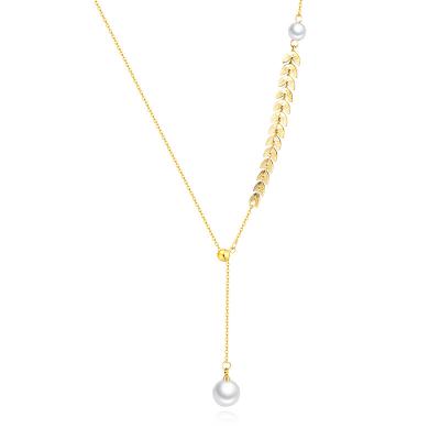 China Ladies Trendy High Quality Gold Plated Link Clavicle Chain Pearl Leaf Necklace for sale