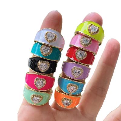 China 2022 Summer FASHIONABLE Hot Selling Heart Shaped Zircon Rings Colorful CZ Neon Enamel Women Open Fitted Ring for sale