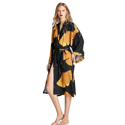 China RTS Black QUICK DRY Sleepwear With Printed Ginkgo Leaf Robe Satin Silk Long Robe For Women Summer for sale