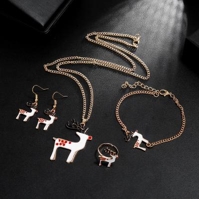 China Cute Jachon Oil Cartoon Elk Ring Christmas Jewelry Set Drip Pendant Necklace Dangle Earrings for sale