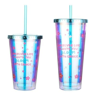 China Sustainable 550ml 650ml BPA Double Free Wall Straw Coffee Water Bottle Personalized Plastic Tumbler With Lid Clad With PVC for sale