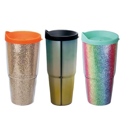 China 22oz 670ML Double Wall BPA Logo Color Plastic Water Bottle Viable Free Custom Tumbler Car Cup Mug Glitter Sequin With Lid And Straw for sale