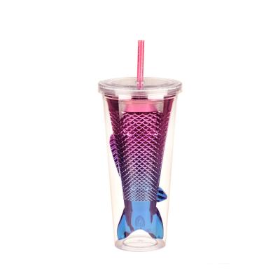 China Sustainable Creative Double Wall 13oz Mermaid Shape Plastic Straw Tumbler With Plated Lid For Party For Present For Gift For Keepsake for sale