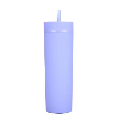 China Wall Mountable Plastic Flask Double 16oz Water Bottle Cup Straight Tumbler With Rubber Print With Straw Business Gift Customized Color for sale