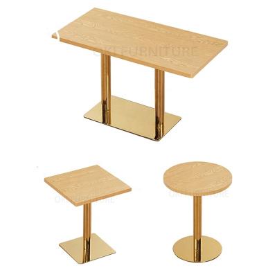 China Wholesale Adjustable Restaurant Furniture Wholesale Metal Base Square Wood Top Dining Cafe Canteen Round Rectangular Dining Table for sale