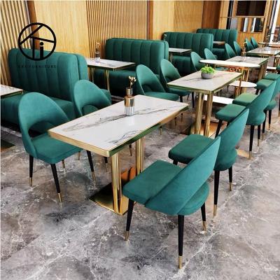 China Comfortable modern green marble velvet dining table metal chairs restaurant furniture set commercial dining table and chairs for sale