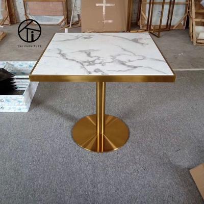 China Modern Customized Price 80*80 Cafe Shop Luxury Artificial Marble Restaurant Tables Modern Marble Dining Table With Metal Base for sale