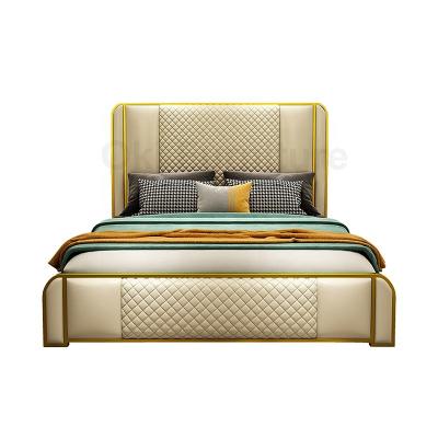 China Modern Luxury Leather Queen Bed Upholstered Hotel Wooden Queen Frame Bed Piece Set Canvas (Other) Luxurious Gold Adjustable Metal Te koop