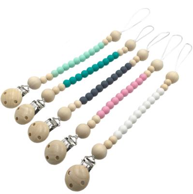 China Baby Teether Wholesale Wooden Baby Teether Pacifier Clip Silicone Beads Baby Shower Gift Dummy Chain for sale