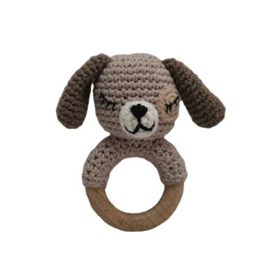 China 100% Handmade Wooden Dog Rattle Ring Teether Toy Baby Crochet Yarn Handmade Crochet Cotton Wholesales for sale