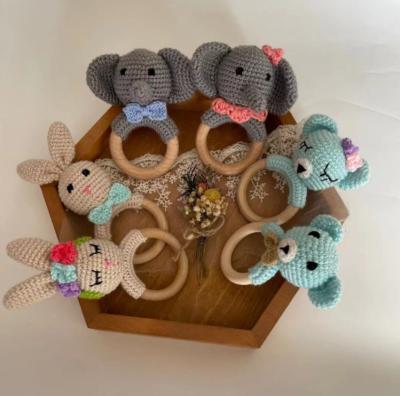 China Wholesales Eco-Friendly Crochet Animal Wooden Rattle Bunny Crochet Elephant Crochet Toys Cotton Baby Teether for sale