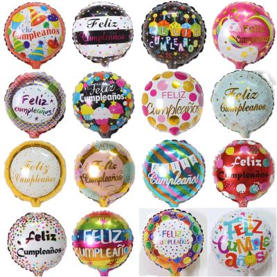 China New come auto shutter 10 inch spanish feliz birthday merry little round foil balloons fairy party decoration globos pattern for sale