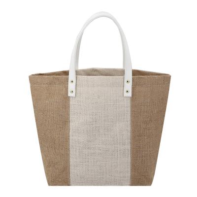 China 2022 NATIONAL Eco Reusable Jute Burlap Tote Bags With PU Leather Handles for sale