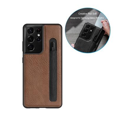 China OEM Dirt-resistant Business Cell Phone Leather Cover Case For Samsung Galaxy S21 Ultra Phone Cases With Pen Slot for sale