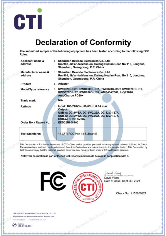 FCC - Shenzhen Rewoda Electronics Co., Ltd.