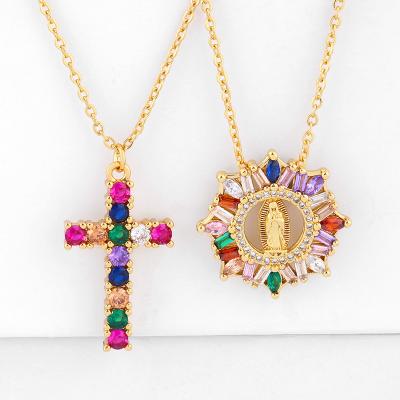 China Vintage Madonna Of The Cross Pendant Necklace With Colorful Zircon Necklace For Women for sale