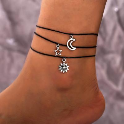 China Vintage Fashion Retro Star Moon Star Sun Dangle Three Piece Set Anklet For Women for sale